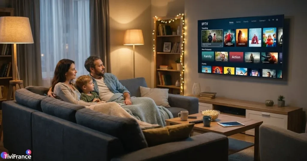 Famille profitant d'un abonnement IPTV Premium sur Smart TV en soirée