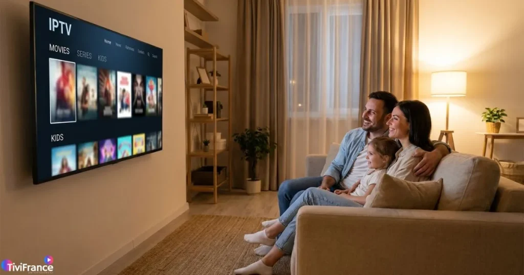 Famille profitant d'un abonnement IPTV gratuit sur grand écran dans un salon moderne