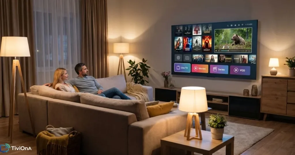 Streaming IPTV fluide sur Smart TV pendant une soirée à la maison.