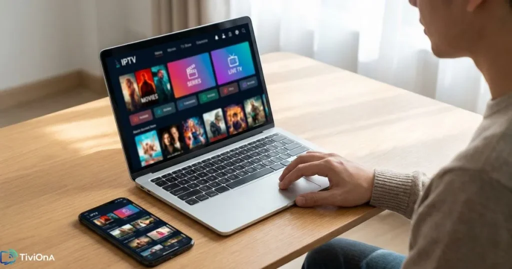 Utilisateur comparant un logiciel IPTV sur ordinateur portable et smartphone