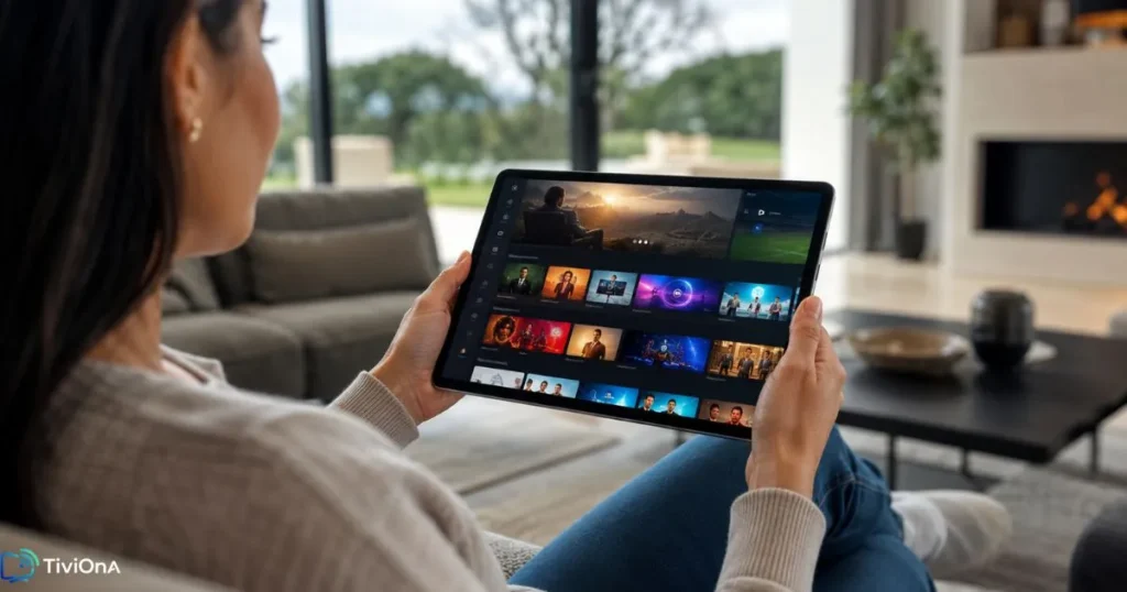 IPTV gratuit sur tablette avec interface moderne de films, séries et direct