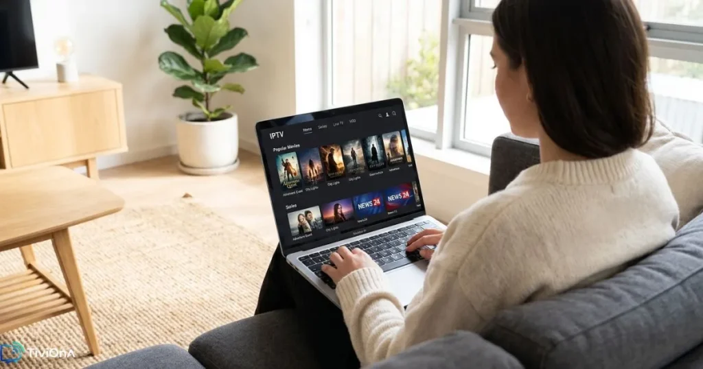 Application IPTV MacBook utilisée dans un salon moderne avec une interface IPTV parfaitement affichée.