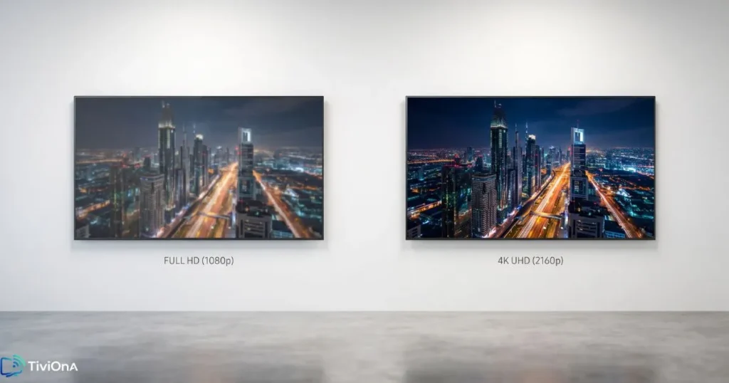Comparaison visuelle entre image Full HD et image IPTV UHD sur deux écrans côte à côte