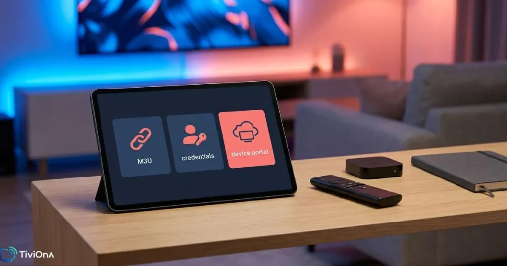 Liste IPTV M3U et options de connexion sur tablette