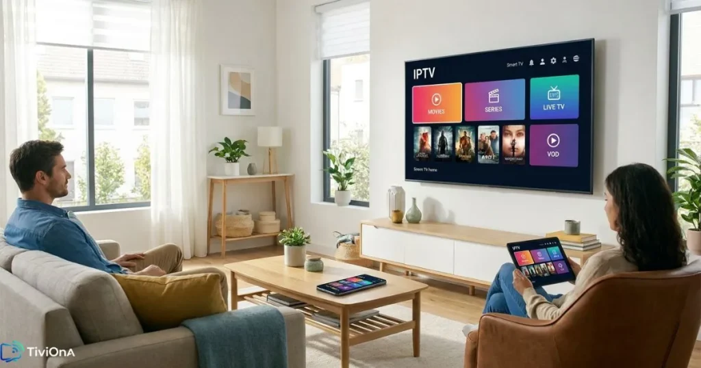 Abonnement IPTV multi-appareils utilisé sur TV, tablette et smartphone.