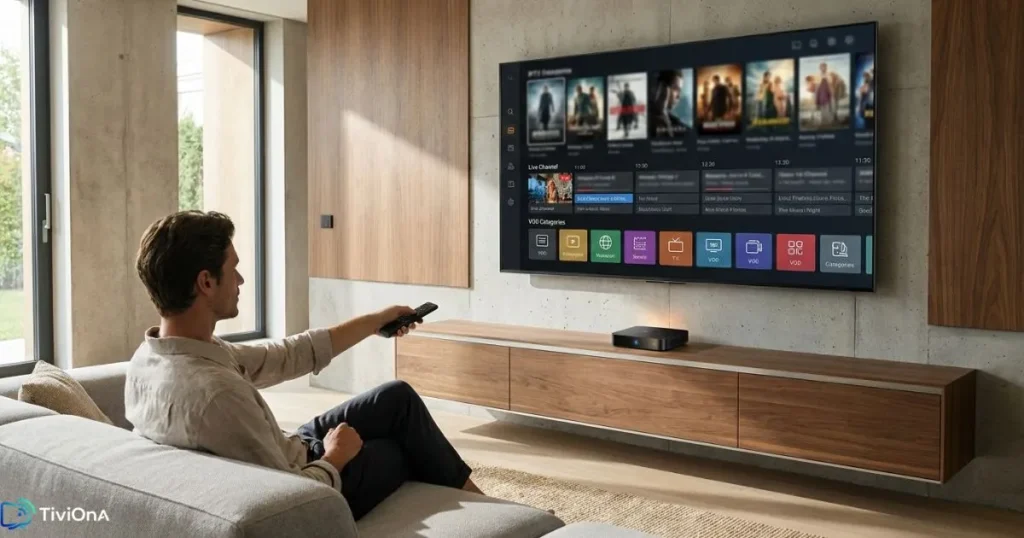 Smart TV et boîtier Android TV utilisant une application IPTV moderne