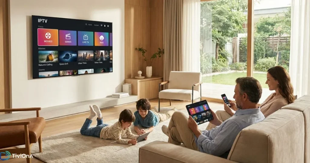 Utilisation d'un abonnement IPTV sur plusieurs appareils compatibles dans un salon moderne.