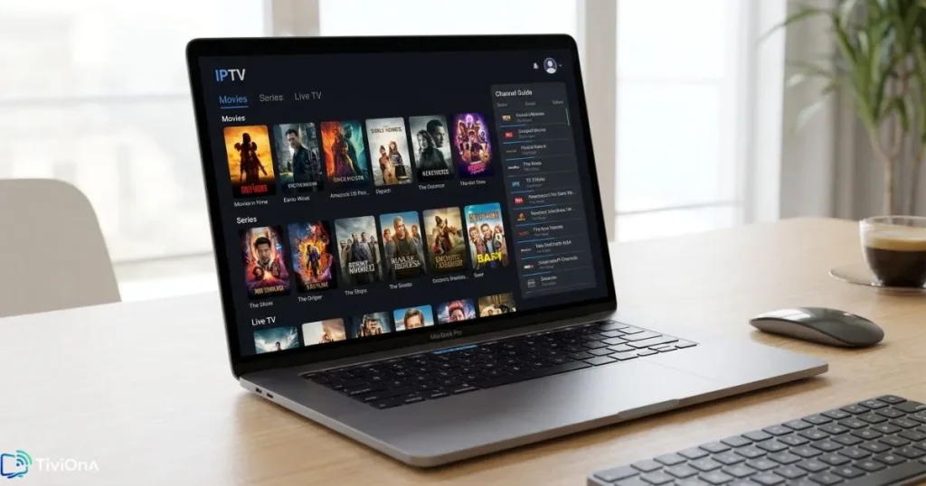 Lecteurs IPTV Apple configuré avec abonnement iptv sur un MacBook avec une interface IPTV moderne.