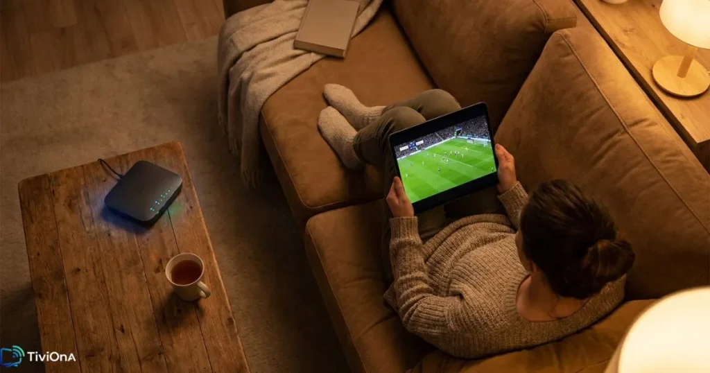 Streaming IPTV sans coupure sur tablette dans un salon cosy avec connexion stable