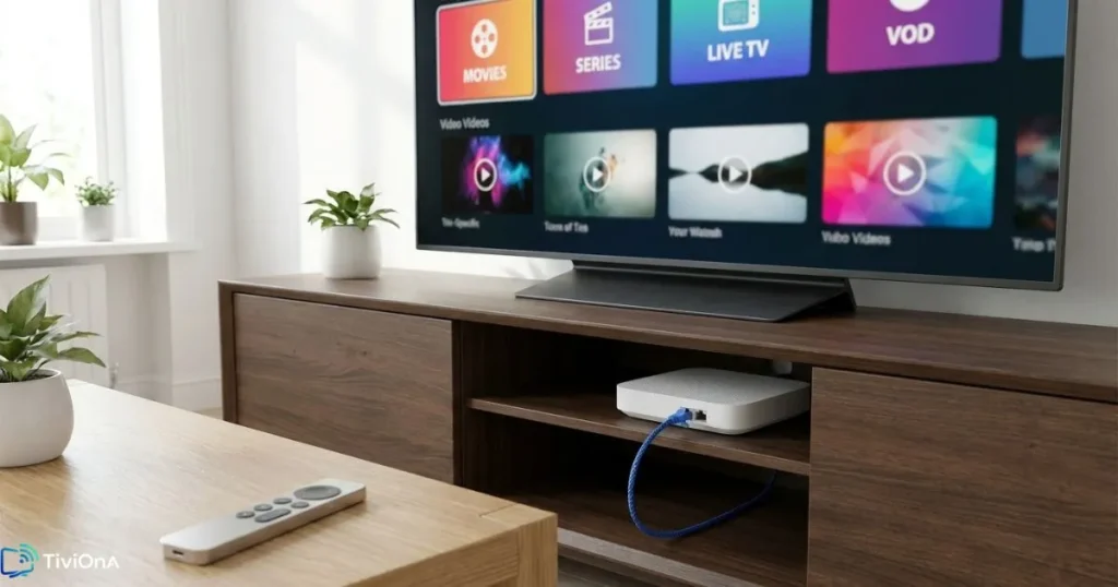 Serveur IPTV et connexion Ethernet pour un streaming stable sur Smart TV.