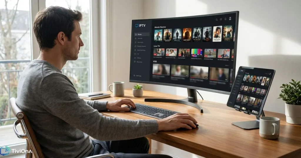 Utilisateur configurant son lecteur IPTV sur ordinateur et tablette