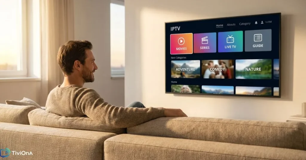 Abonnement IPTV - homme regardant contenu streaming sur Smart TV dans salon moderne
