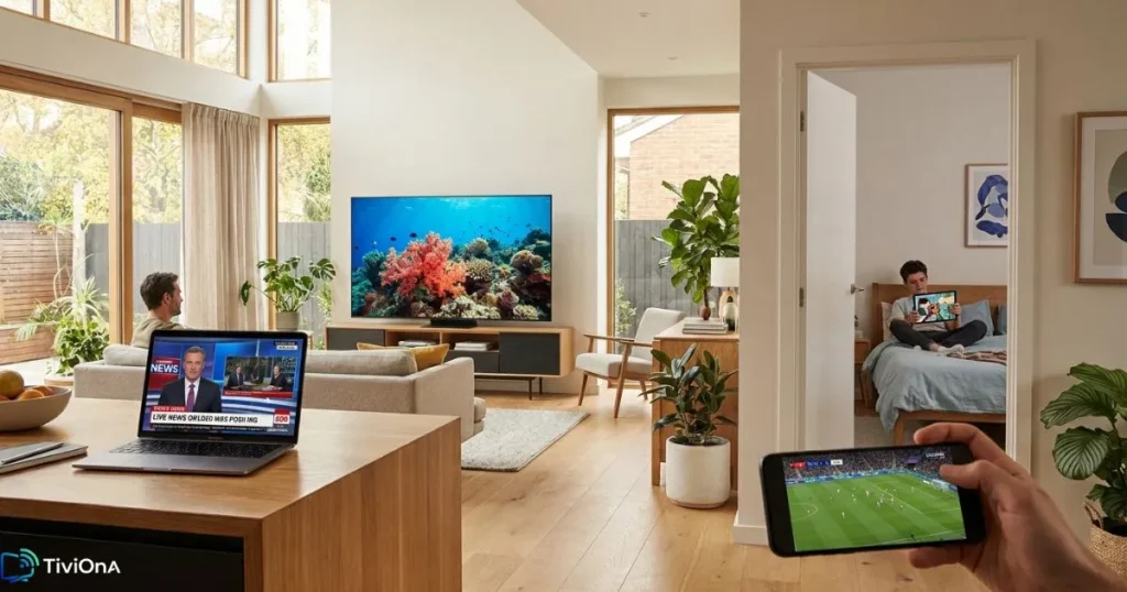 Service IPTV 4K multi-appareils utilisé simultanément sur Smart TV, tablette, laptop et smartphone