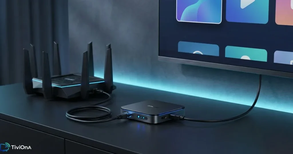 schéma de fonctionnement d'un boîtier IPTV Android connecté à une TV et à Internet