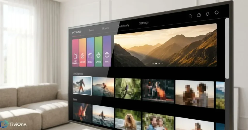 Interface IPTV LG WebOS affichant un catalogue de chaînes en direct sur Smart TV
