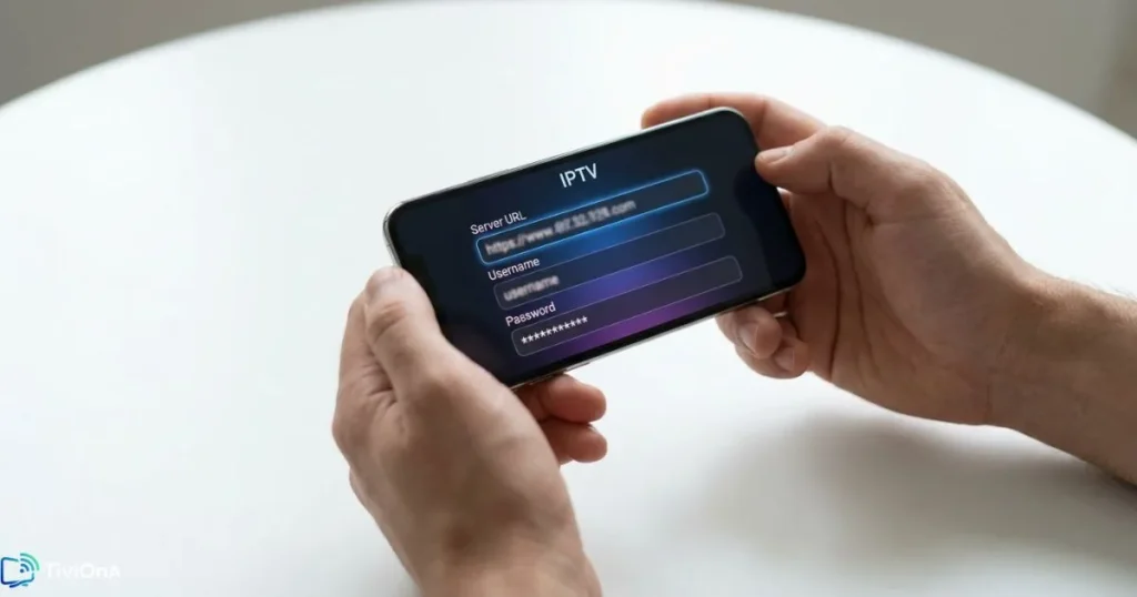 Identifiant Xtream IPTV saisi sur une interface de connexion d'application mobile