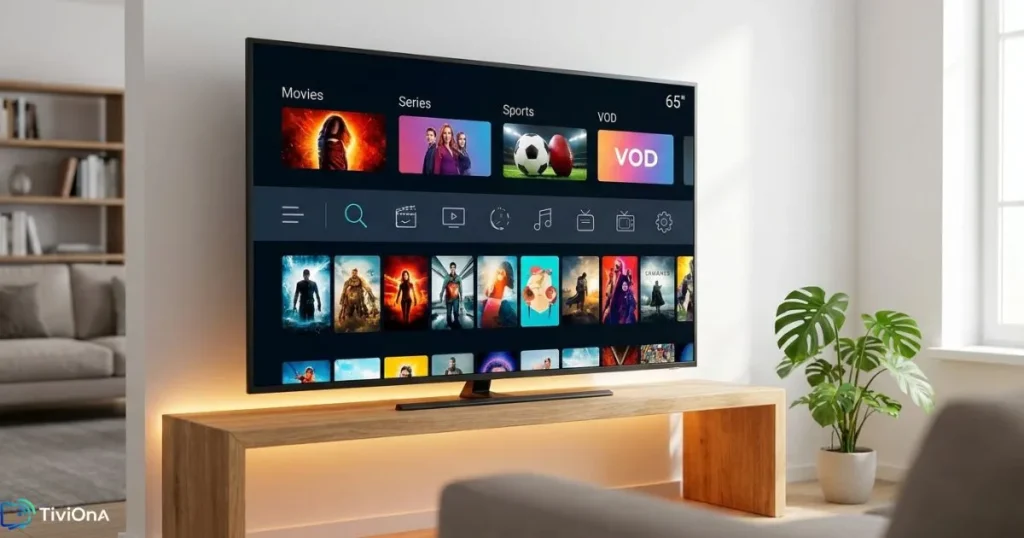 Interface IPTV 4K affichée sur une Smart TV dans un salon moderne