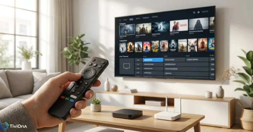 Application IPTV Android sur Smart TV avec télécommande et guide TV