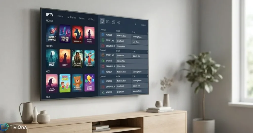 lecteur IPTV sur écran Smart TV avec interface moderne et guide des programmes