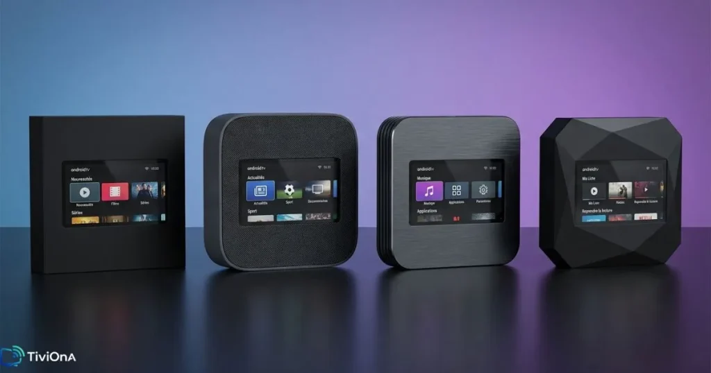 comparatif boîtier IPTV - plusieurs modèles Android TV Box alignés sur une surface