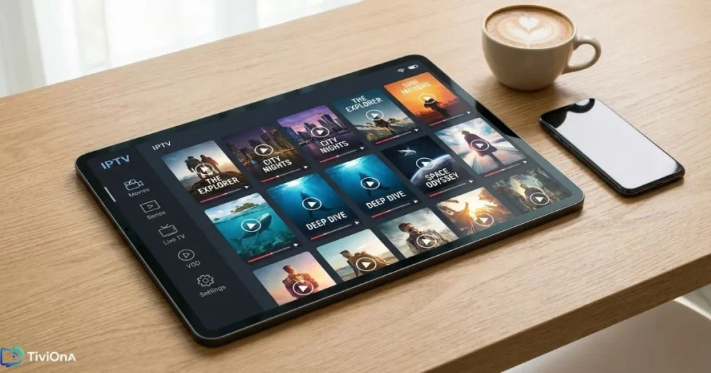 Configuration IPTV Smarters Pro sur tablette avec interface de streaming visible