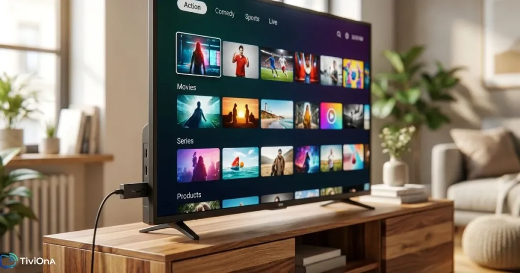 application IPTV Fire TV Stick branchée sur télévision avec interface de streaming