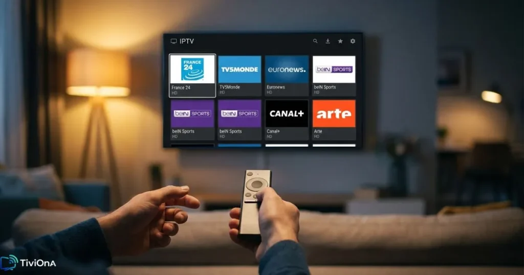 installation d'un abonnement IPTV sur un boîtier Android TV dans un salon moderne