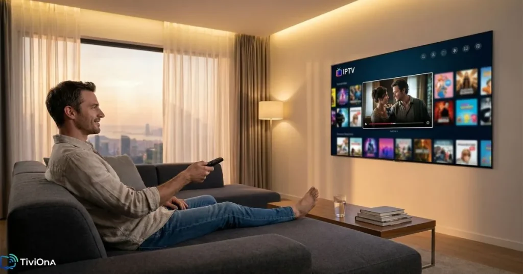 Abonnement IPTV sur LG Smart TV - homme regardant un film en streaming dans son salon