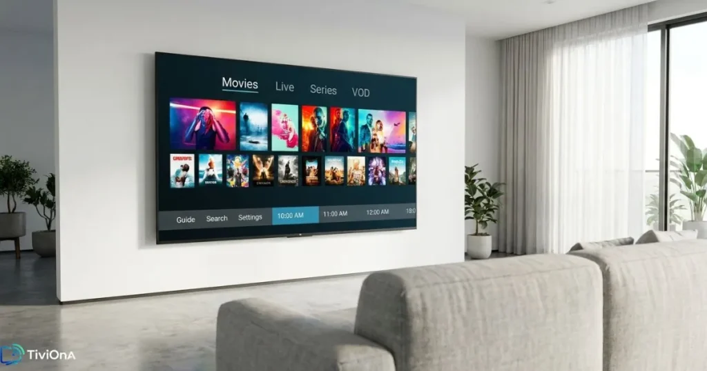 TiviMate sur Smart TV avec interface IPTV affichant des chaînes en direct