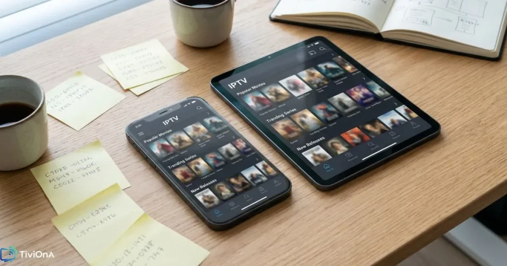 Codes IPTV gratuits affichés sur smartphone et tablette côte à côte sur un bureau