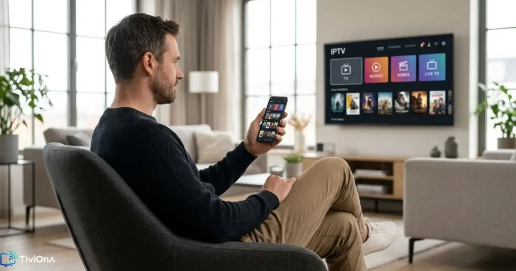 Homme regardant son abonnement IPTV France sur smartphone et Smart TV simultanément depuis son salon