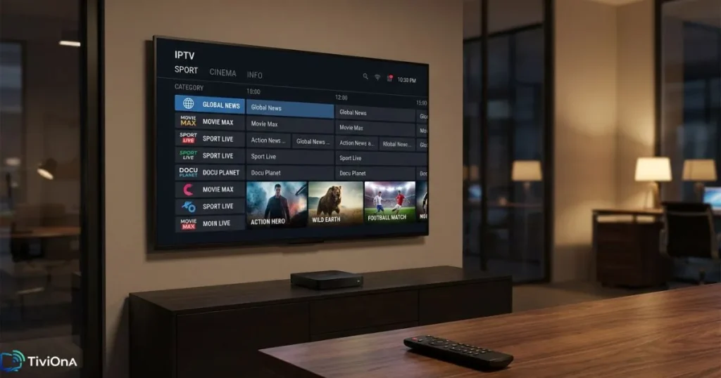 Interface d'un lecteur IPTV Android sur TV Box avec guide des programmes EPG