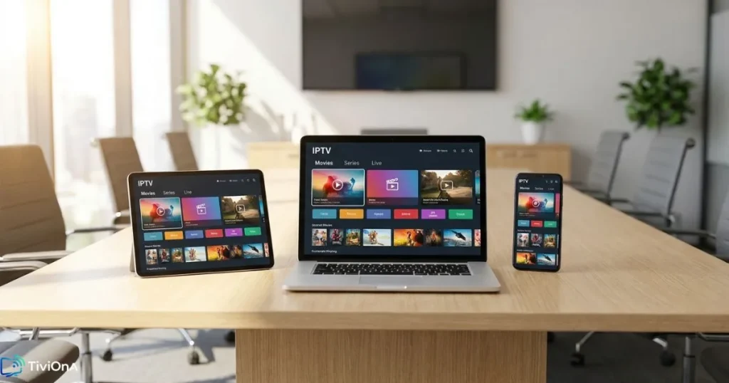 Comparaison de services streaming IPTV France - écrans multiples dans un environnement tech moderne