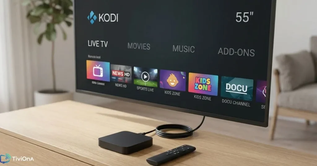 Kodi IPTV installé sur une TV box Android connectée à un téléviseur