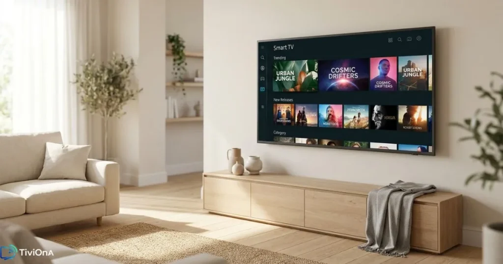 Interface IPTV Tizen OS affichée sur Samsung Smart TV dans un espace de vie contemporain
