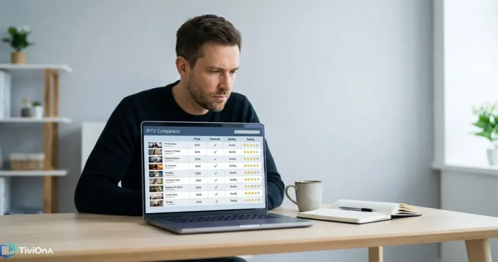 Comparaison d'offres IPTV pas cher sur ordinateur portable : homme qui analyse des abonnements en ligne