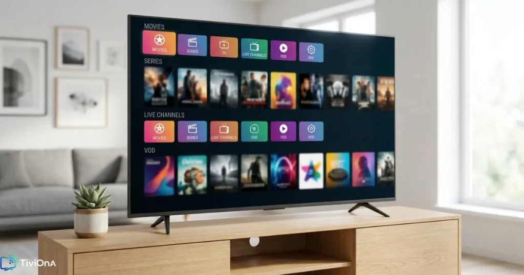 Interface d'un service IPTV sur Smart TV avec catalogue de chaînes et films génériques