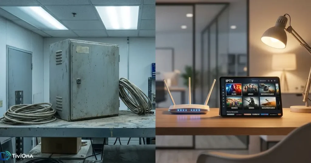 Comparaison visuelle entre un système IPTV moderne et une installation câble traditionnelle