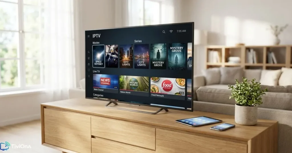 Interface IPTV légal affichée sur une Smart TV dans un salon moderne