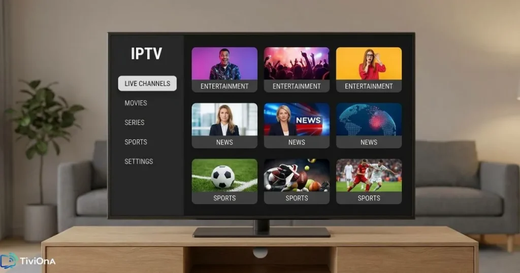 Interface d'un service IPTV français affichant des chaînes françaises en direct sur une Smart TV
