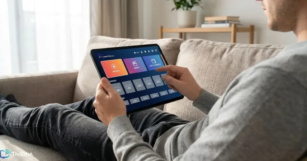Utilisation d’une tablette avec l’interface IPTV Smarters Pro, montrant comment un abonnement IPTV Smarters Pro s’intègre dans un usage quotidien.