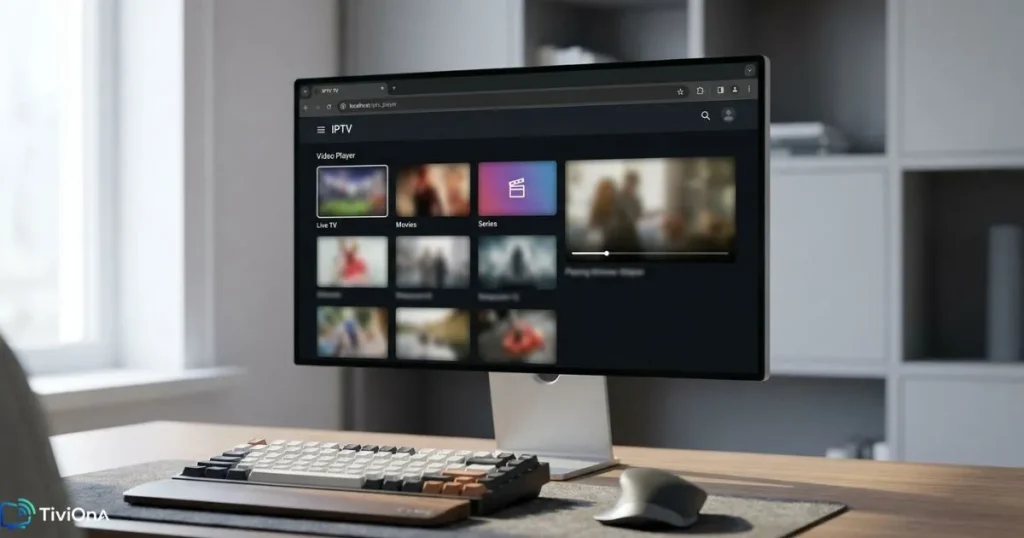 Lecteur IPTV en ligne affiché dans un navigateur web sur un écran d'ordinateur de bureau