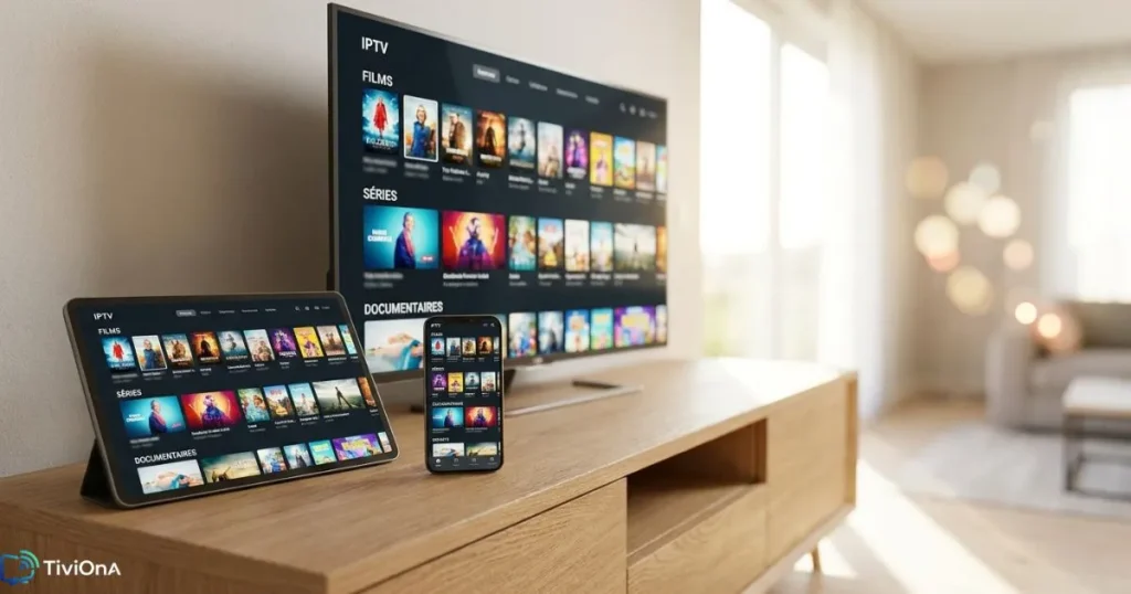 Abonnement IPTV premium affiché sur plusieurs appareils connectés : TV, tablette et smartphone