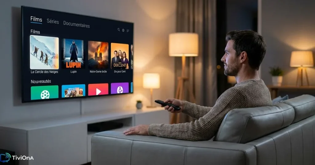 Test d'une offre IPTV haute qualité sur une Smart TV dans une pièce moderne le soir
