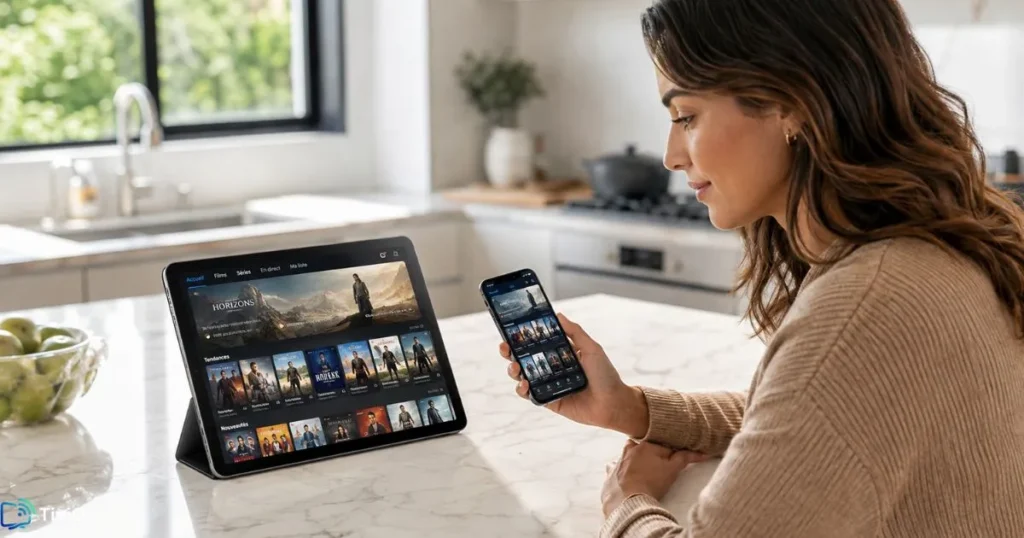 Femme utilisant une offre IPTV française sur tablette et smartphone dans une cuisine moderne