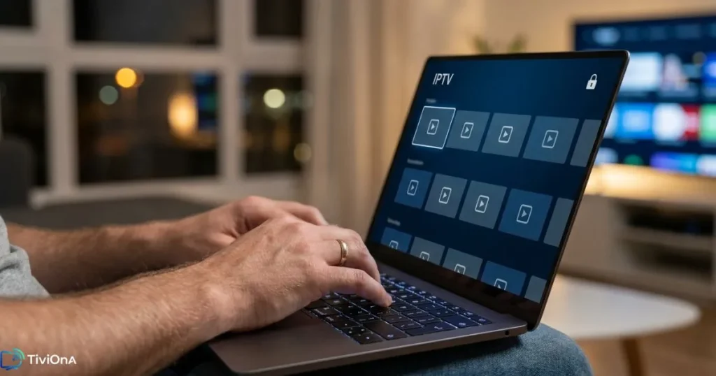 Test d'un code IPTV sur ordinateur portable avec interface sécurisée visible à l'écran