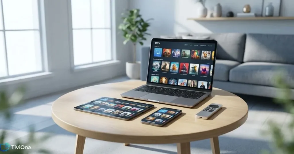 Comparaison visuelle des formules IPTV sur plusieurs écrans connectés dans un intérieur moderne