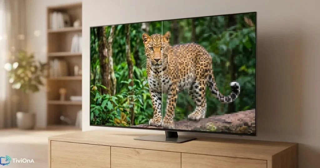 Qualité IPTV France - comparaison image nette et image pixellisée sur écran TV