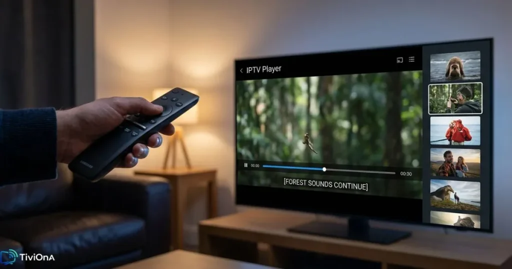 Lecteur IPTV Samsung en cours de lecture sur Smart TV avec télécommande en main