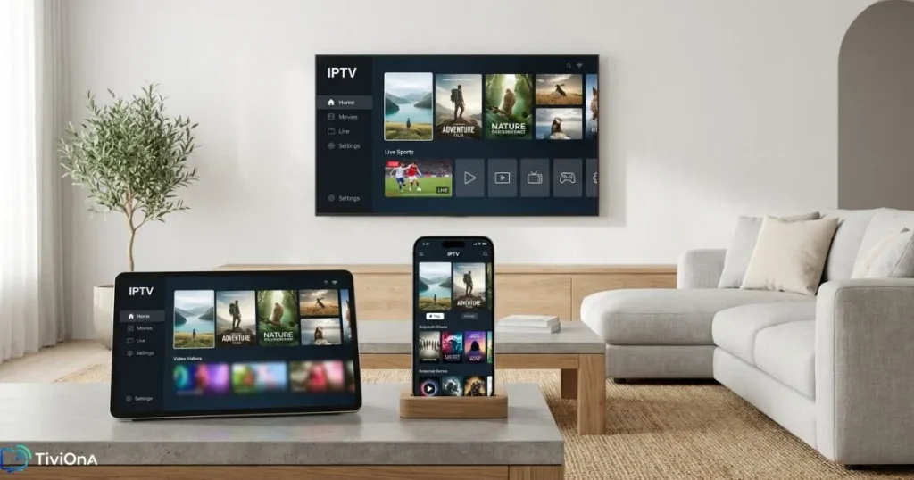 Abonnement IPTV économique compatible multi-appareils : Smart TV, tablette et smartphone affichant la même interface